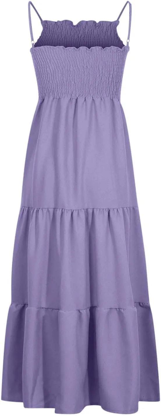 Women's Spaghetti Strap Fashion Maxi Dresses Simple Solid Color Sundress Casual Flowy Smocked Dresses