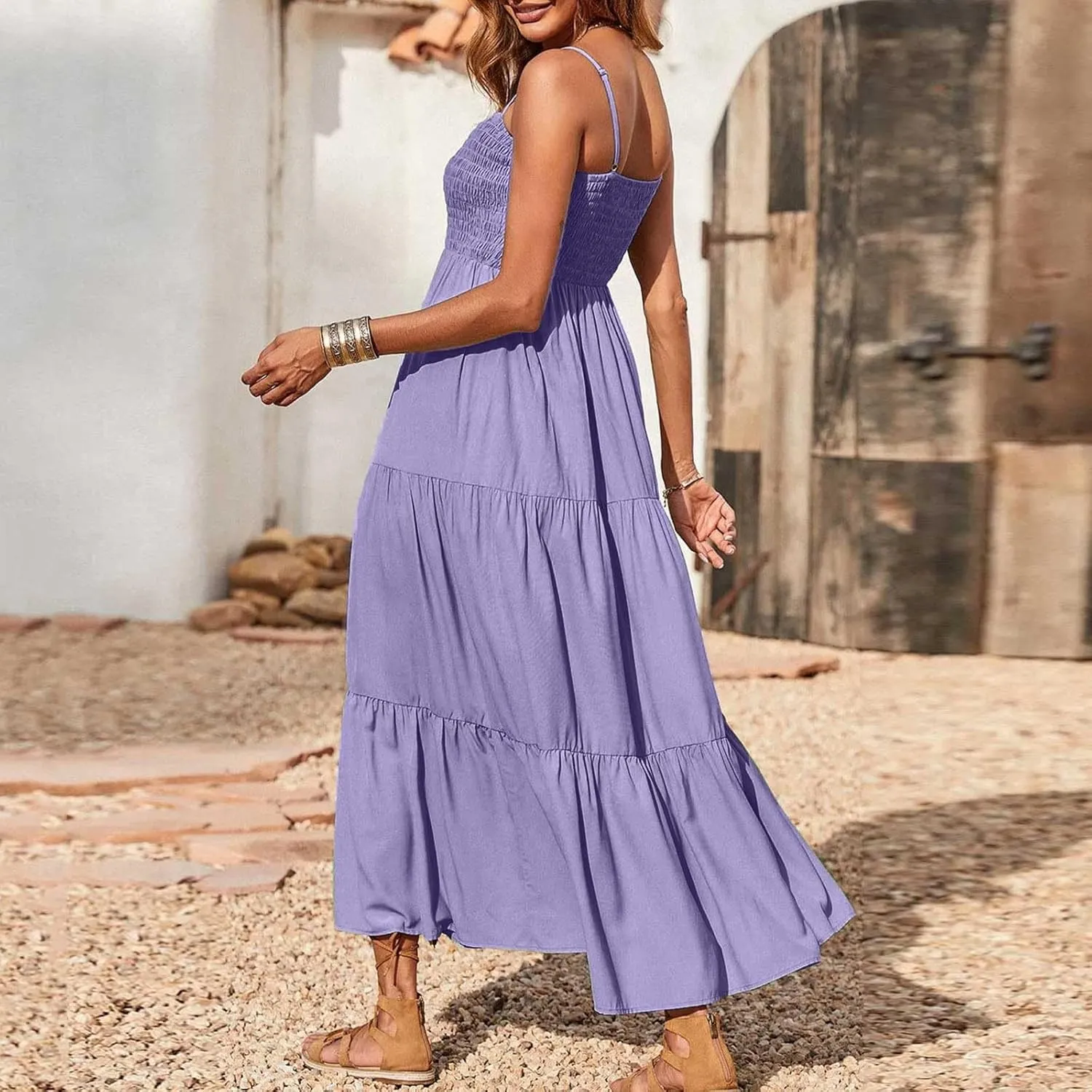 Women's Spaghetti Strap Fashion Maxi Dresses Simple Solid Color Sundress Casual Flowy Smocked Dresses