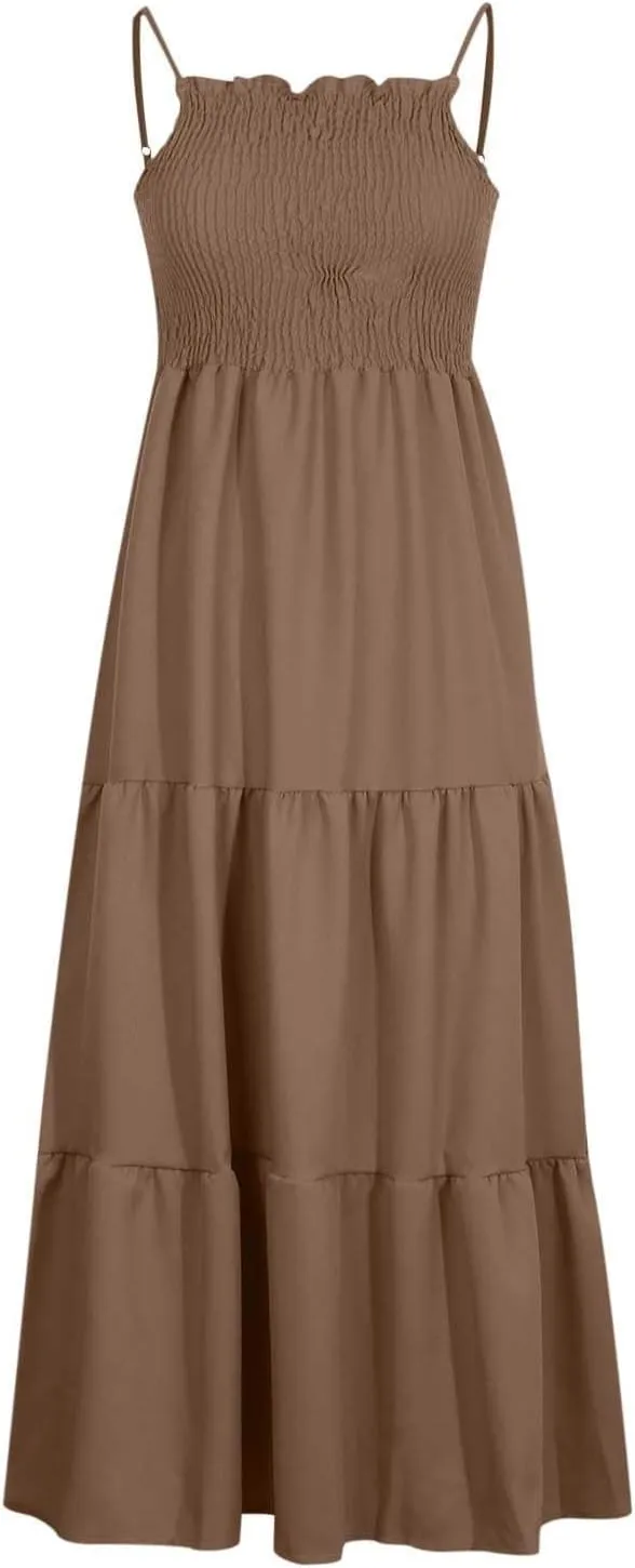 Women's Spaghetti Strap Fashion Maxi Dresses Simple Solid Color Sundress Casual Flowy Smocked Dresses