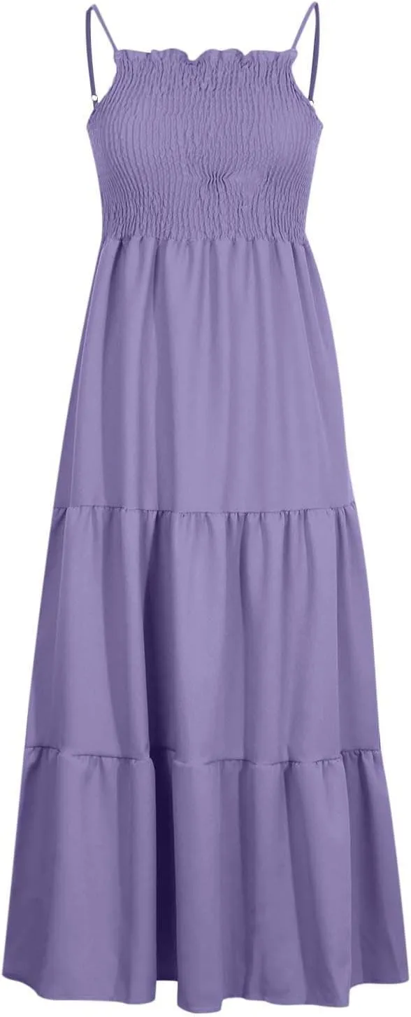 Women's Spaghetti Strap Fashion Maxi Dresses Simple Solid Color Sundress Casual Flowy Smocked Dresses