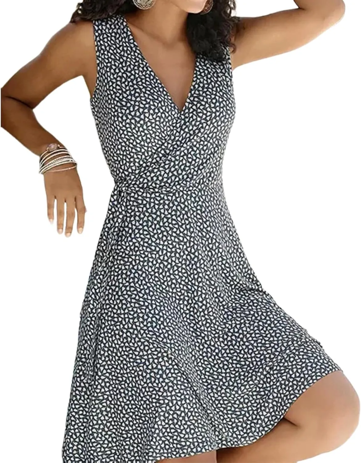 Women's Summer 2025 Elegant Black V-Neck Sleeveless Print Flowy Mini Dress Fashion Outdoor Beach Vacation Outfits