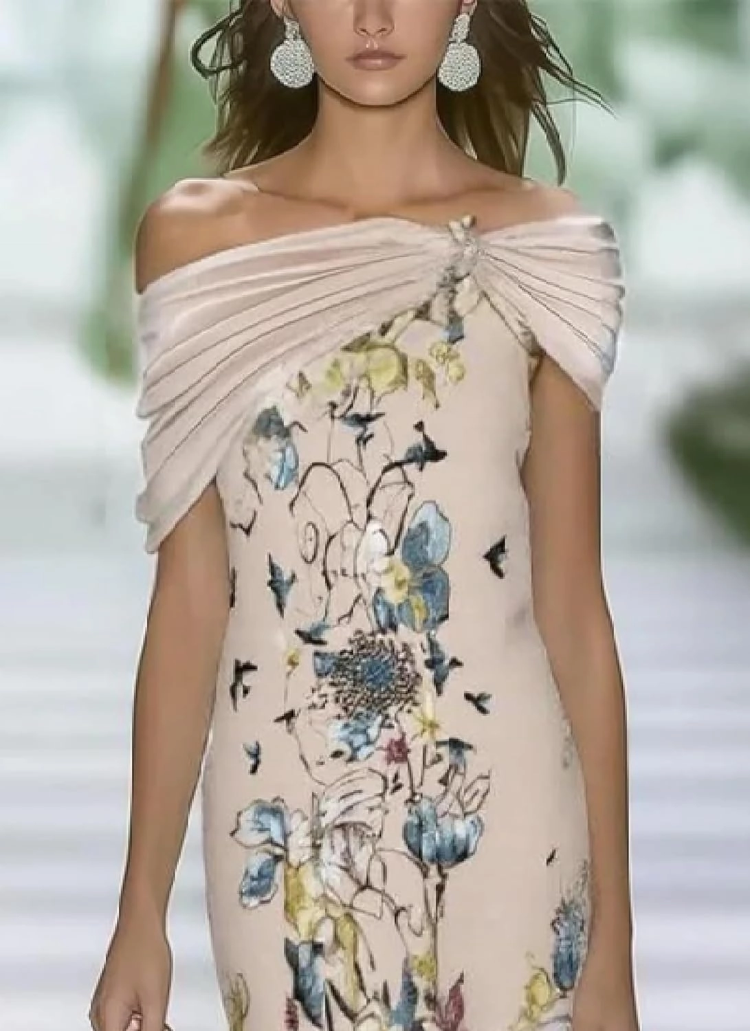 Womens 2025 Fashion Fresh Off Shoulder Floral Print Green Maxi Dress Slim Fit Summer Dress