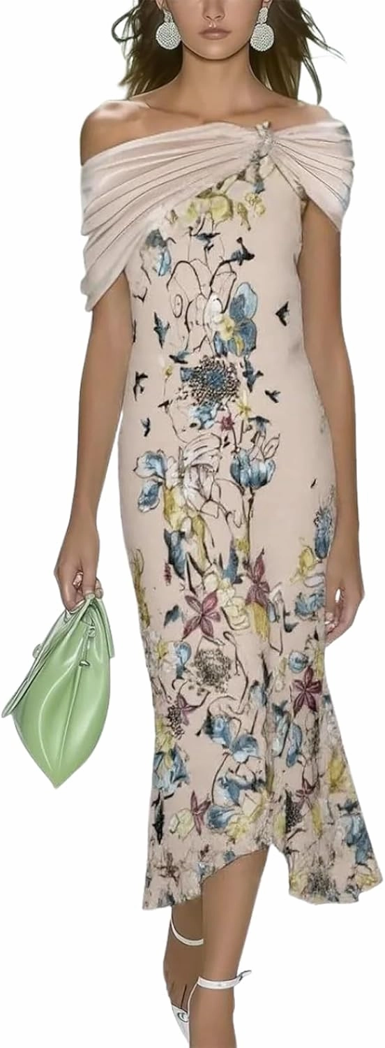 Womens 2025 Fashion Fresh Off Shoulder Floral Print Green Maxi Dress Slim Fit Summer Dress