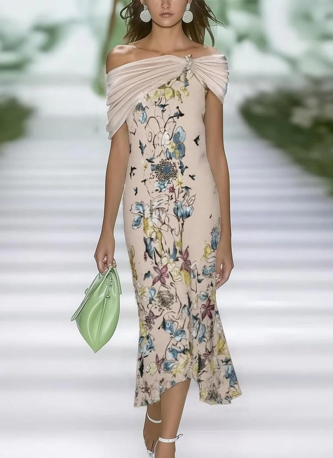 Womens 2025 Fashion Fresh Off Shoulder Floral Print Green Maxi Dress Slim Fit Summer Dress
