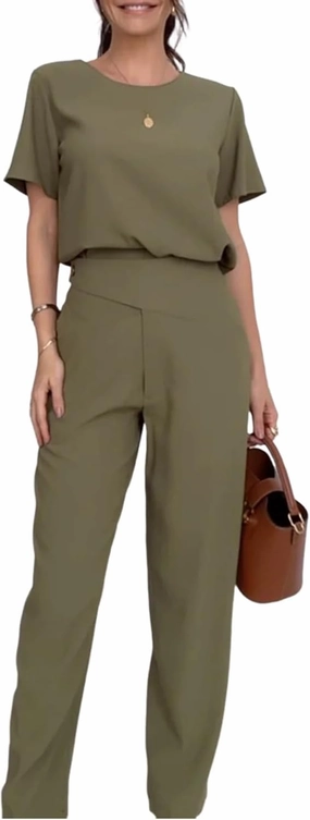 Womens 2 Piece Set Summer Casual Khaki Loose Short Sleeve Top Wide Leg Pants Matching Travel Outfits Tracksuit
