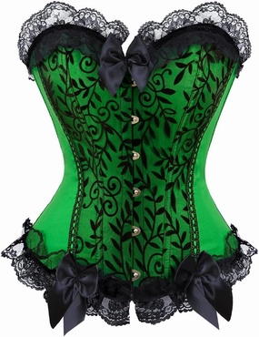 Womens Corsets Floral with Black Lace Trim Corset Satin Overbust Waist Cincher Bustier