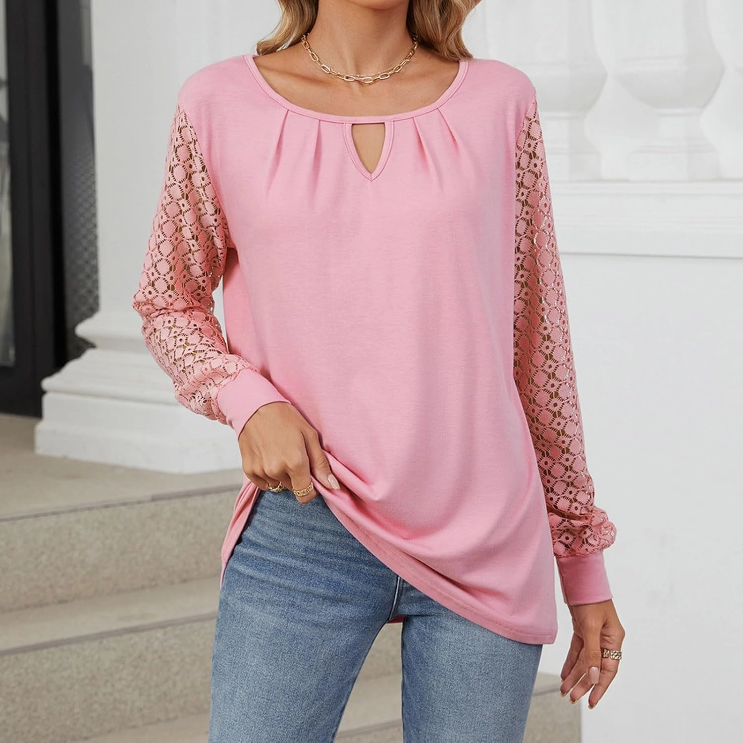 Womens Lace Long Sleeve Shirt Simple Solid Color Tops Shirts Crewneck Casual Loose Fall Fashion Blouse