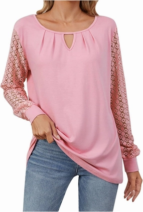 Womens Lace Long Sleeve Shirt Simple Solid Color Tops Shirts Crewneck Casual Loose Fall Fashion Blouse