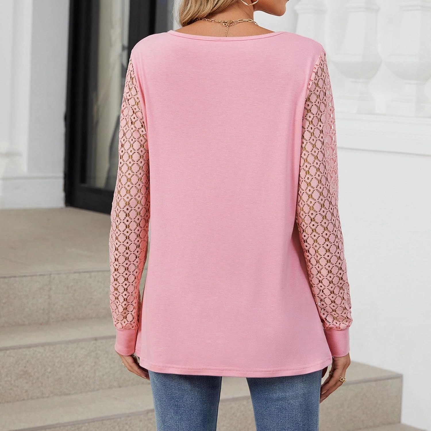 Womens Lace Long Sleeve Shirt Simple Solid Color Tops Shirts Crewneck Casual Loose Fall Fashion Blouse
