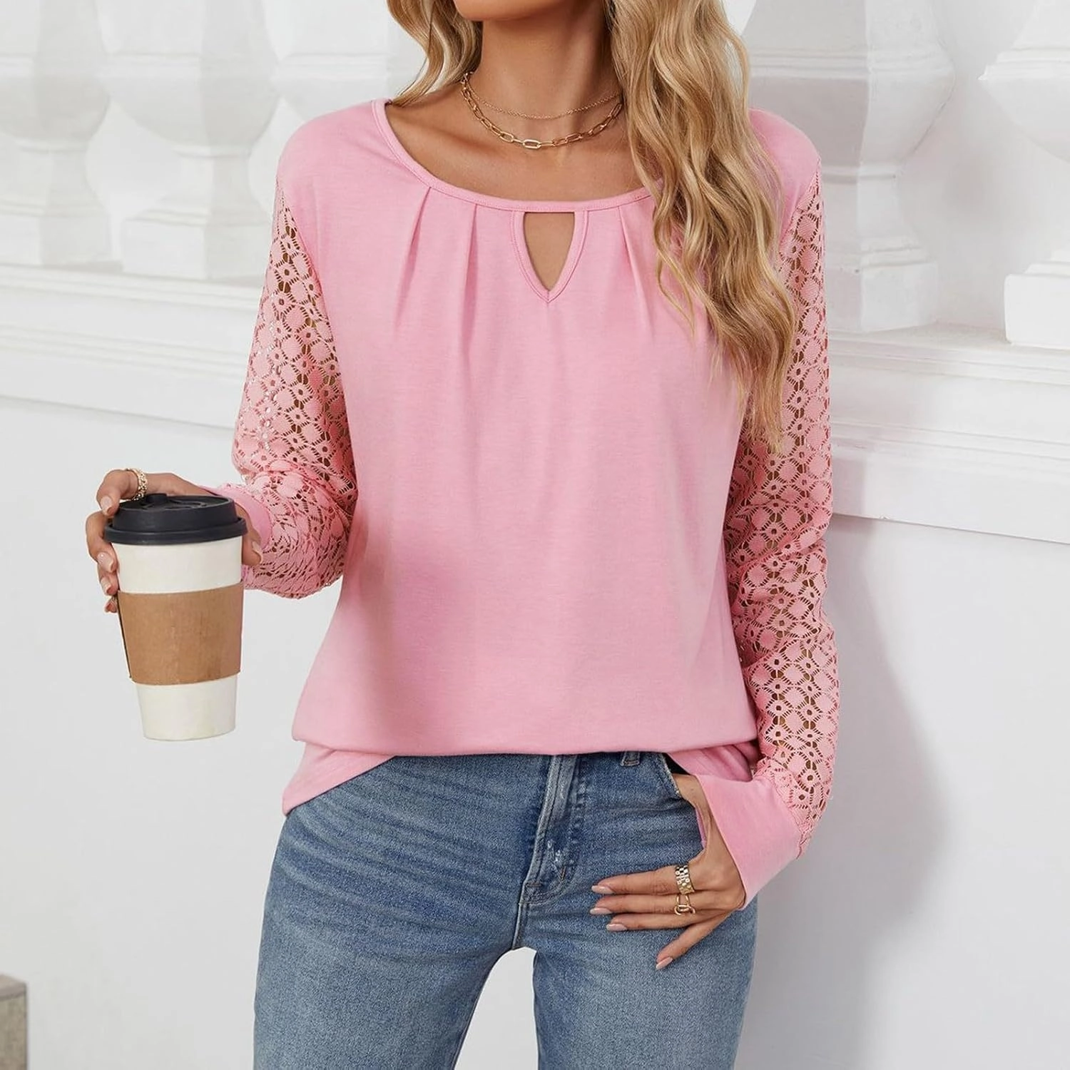 Womens Lace Long Sleeve Shirt Simple Solid Color Tops Shirts Crewneck Casual Loose Fall Fashion Blouse