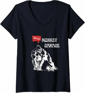 Womens Monkey Garage: Gas Station Wrench Tool Lover V-Neck T-Shirt