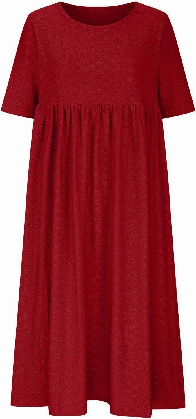 Womens Short Sleeve Casual Sundress Simple Solid Color Midi Dress Loose Casual Eyelet Comfy Summer Dresses