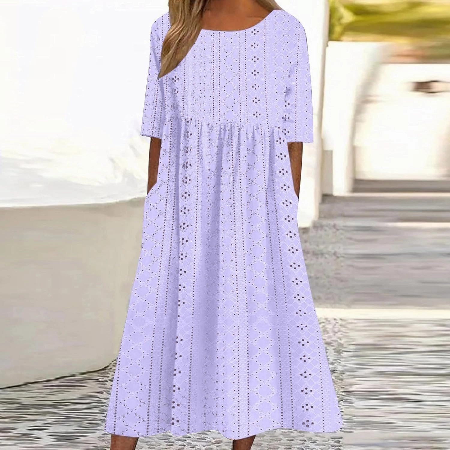 Womens Short Sleeve Casual Sundress Simple Solid Color Midi Dress Loose Casual Eyelet Comfy Summer Dresses