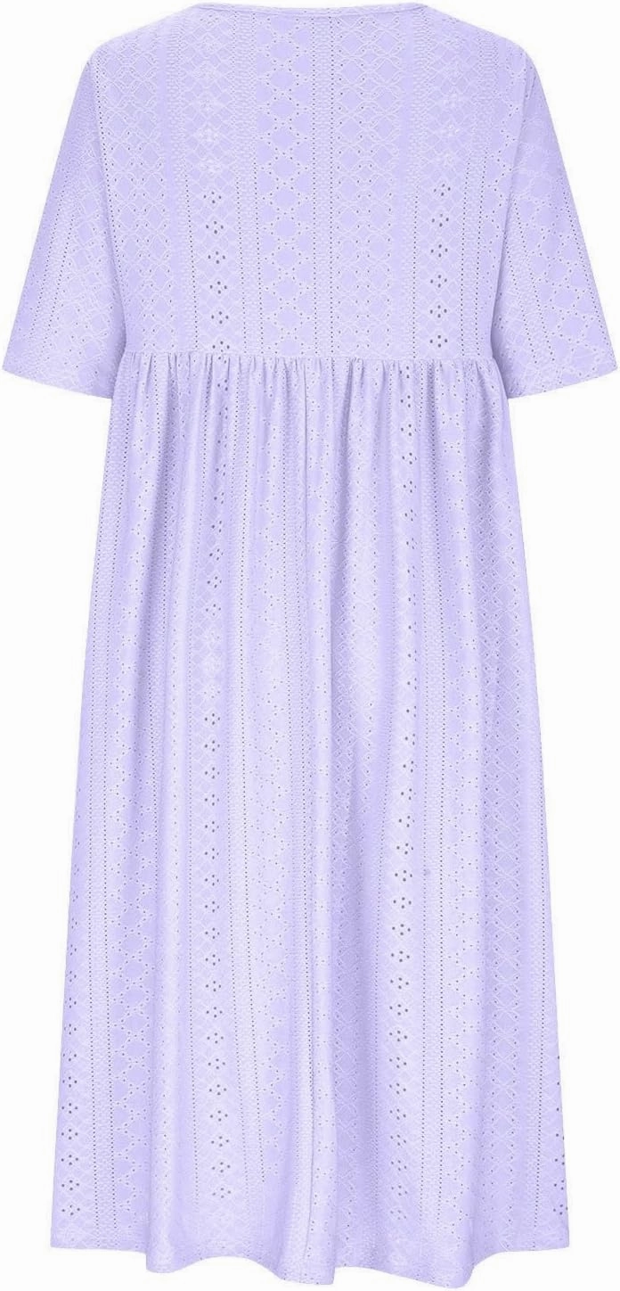 Womens Short Sleeve Casual Sundress Simple Solid Color Midi Dress Loose Casual Eyelet Comfy Summer Dresses