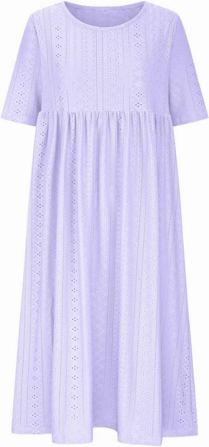Womens Short Sleeve Casual Sundress Simple Solid Color Midi Dress Loose Casual Eyelet Comfy Summer Dresses
