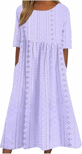Womens Short Sleeve Casual Sundress Simple Solid Color Midi Dress Loose Casual Eyelet Comfy Summer Dresses