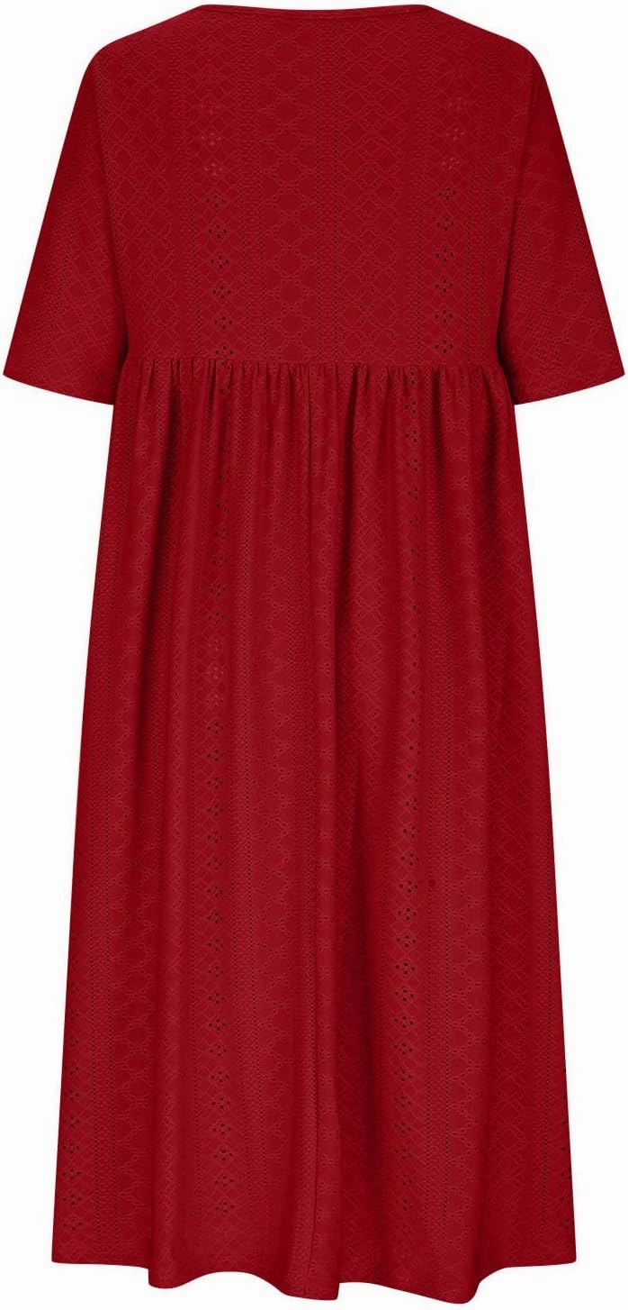 Womens Short Sleeve Casual Sundress Simple Solid Color Midi Dress Loose Casual Eyelet Comfy Summer Dresses