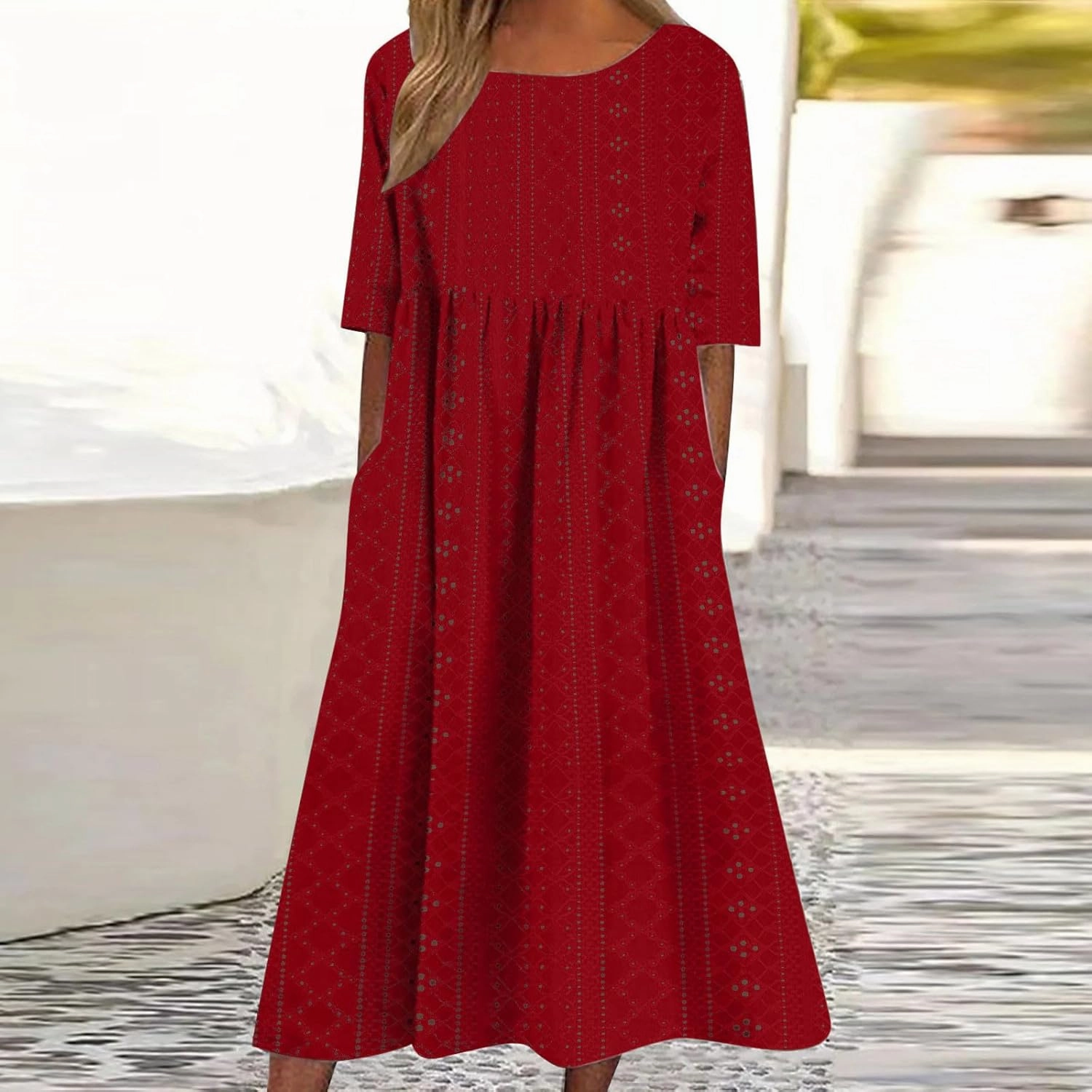 Womens Short Sleeve Casual Sundress Simple Solid Color Midi Dress Loose Casual Eyelet Comfy Summer Dresses