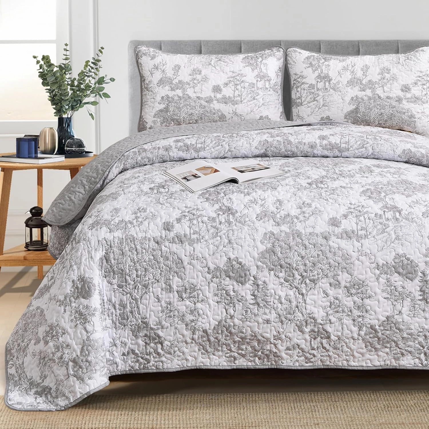 WONGS BEDDING Grey Quilt Set Full Size, 3 Pieces Botanical Bedspreads Set Lightweight Microfiber Grey Toile Plants Pattern Coverlet Home Decor for All Seasons (90"x78")