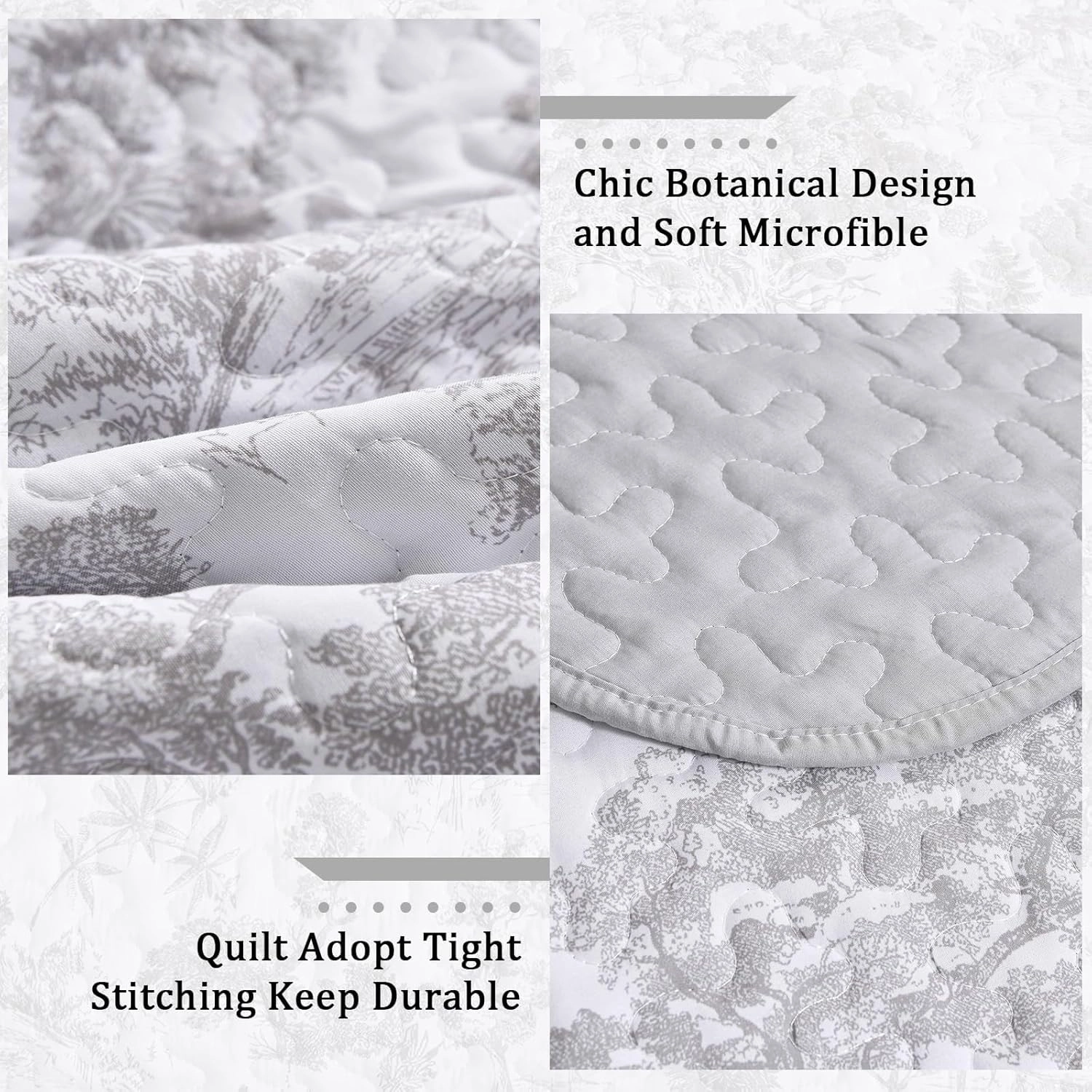 WONGS BEDDING Grey Quilt Set Full Size, 3 Pieces Botanical Bedspreads Set Lightweight Microfiber Grey Toile Plants Pattern Coverlet Home Decor for All Seasons (90"x78")