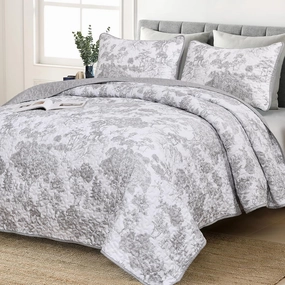 WONGS BEDDING Grey Quilt Set Full Size, 3 Pieces Botanical Bedspreads Set Lightweight Microfiber Grey Toile Plants Pattern Coverlet Home Decor for All Seasons (90"x78")