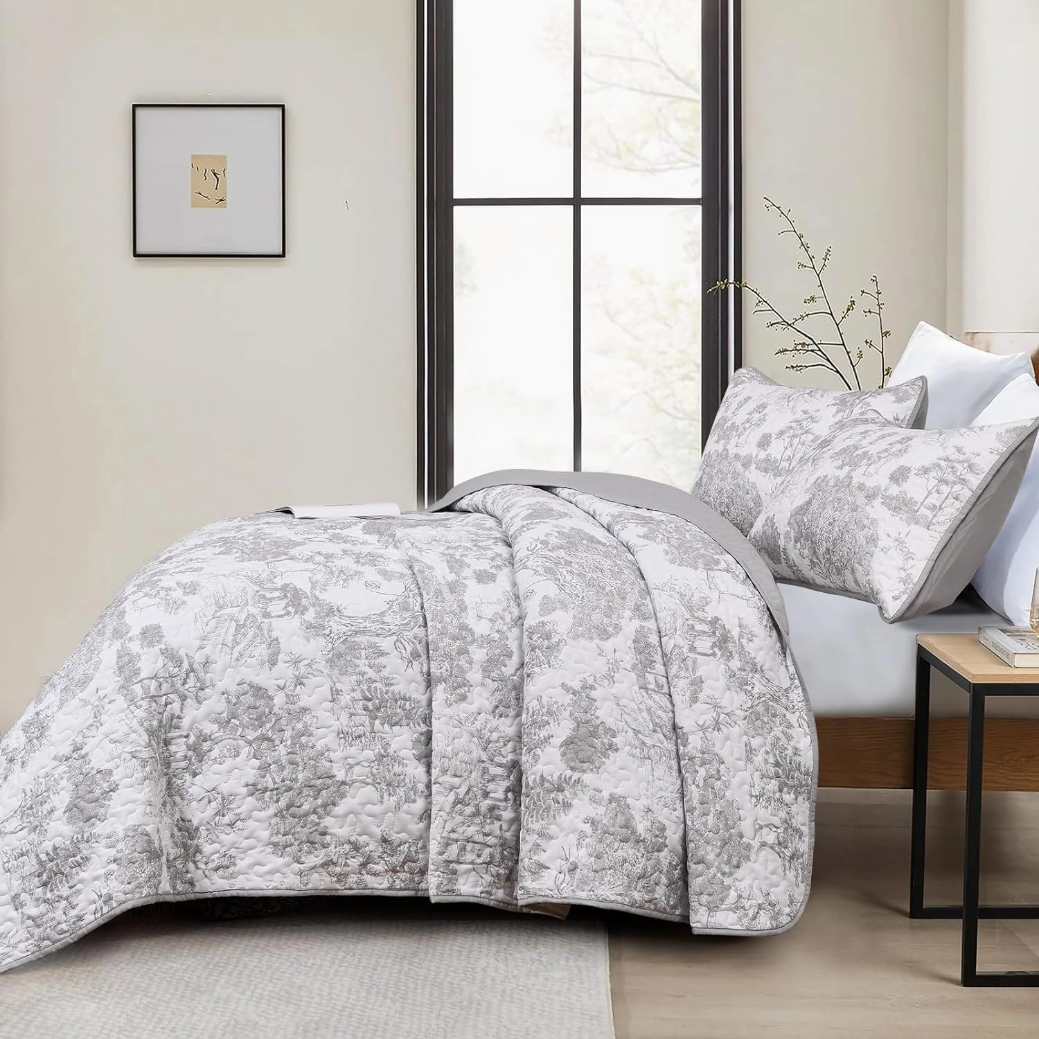 WONGS BEDDING Grey Quilt Set Full Size, 3 Pieces Botanical Bedspreads Set Lightweight Microfiber Grey Toile Plants Pattern Coverlet Home Decor for All Seasons (90"x78")