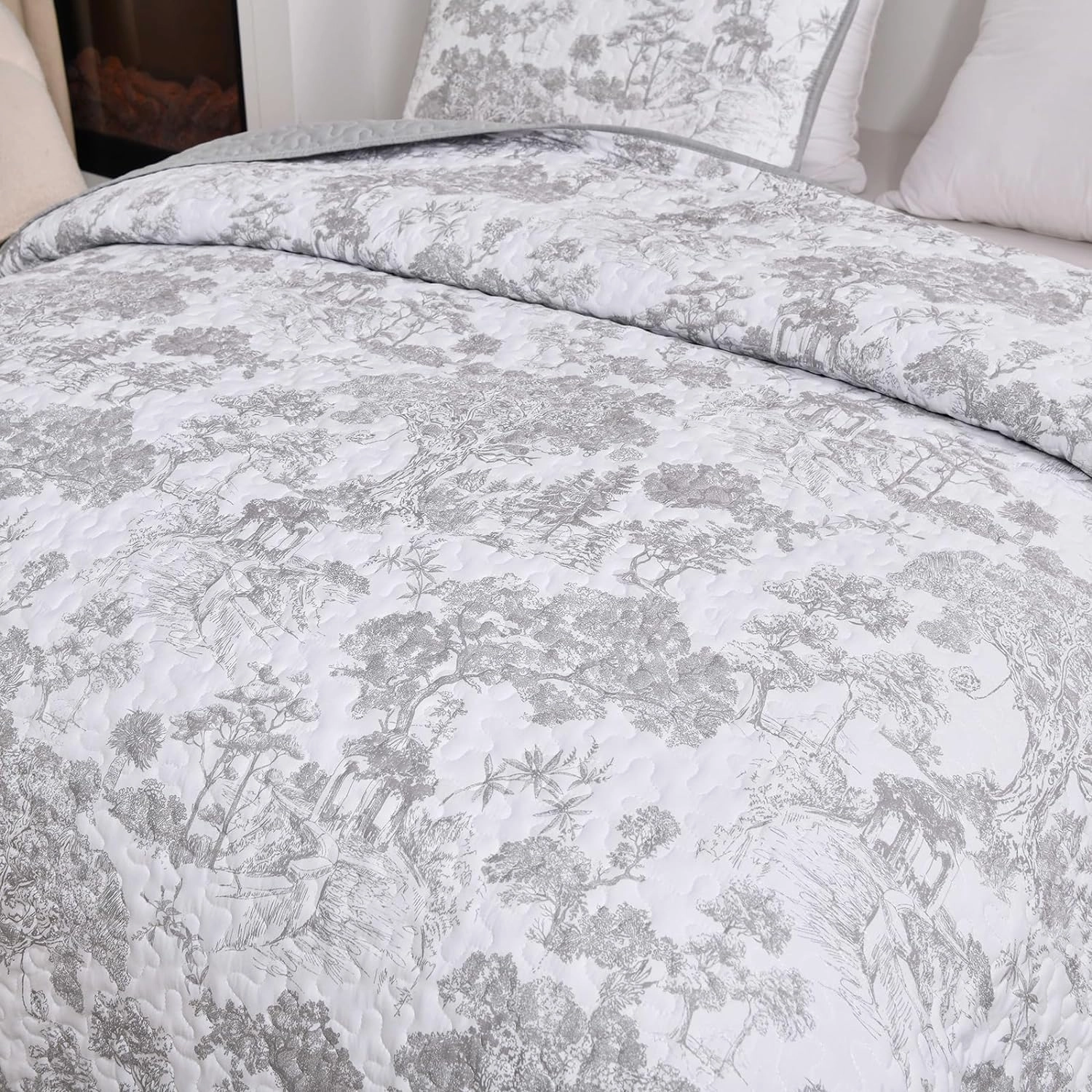 WONGS BEDDING Grey Quilt Set Full Size, 3 Pieces Botanical Bedspreads Set Lightweight Microfiber Grey Toile Plants Pattern Coverlet Home Decor for All Seasons (90"x78")