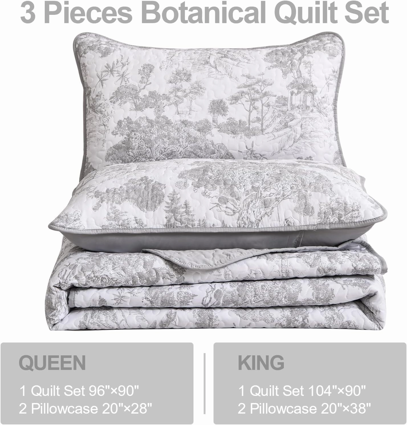 WONGS BEDDING Grey Quilt Set Full Size, 3 Pieces Botanical Bedspreads Set Lightweight Microfiber Grey Toile Plants Pattern Coverlet Home Decor for All Seasons (90"x78")