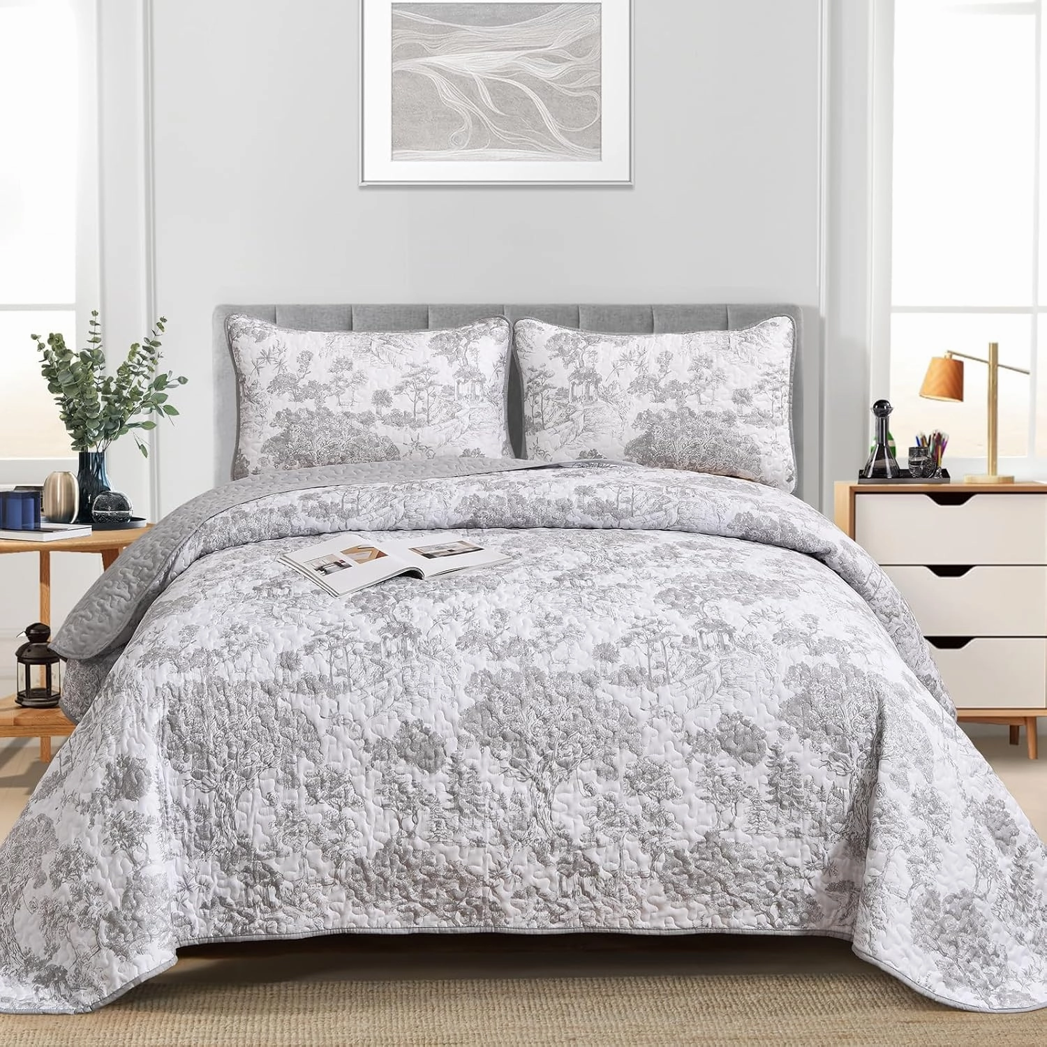 WONGS BEDDING Grey Quilt Set Full Size, 3 Pieces Botanical Bedspreads Set Lightweight Microfiber Grey Toile Plants Pattern Coverlet Home Decor for All Seasons (90"x78")