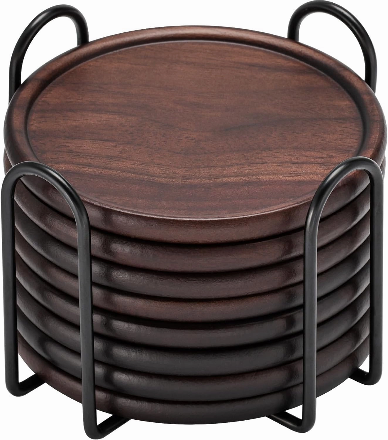 Wood Coasters with Metal Holder, GOH DODD Set of 8 Walnut Wooden Coaster Set for Drinks Desk Coffee Table Home Kitchen Office Bar, Tabletop Protection Living Room Decor, Father‘s Day Gifts, 4 Inch