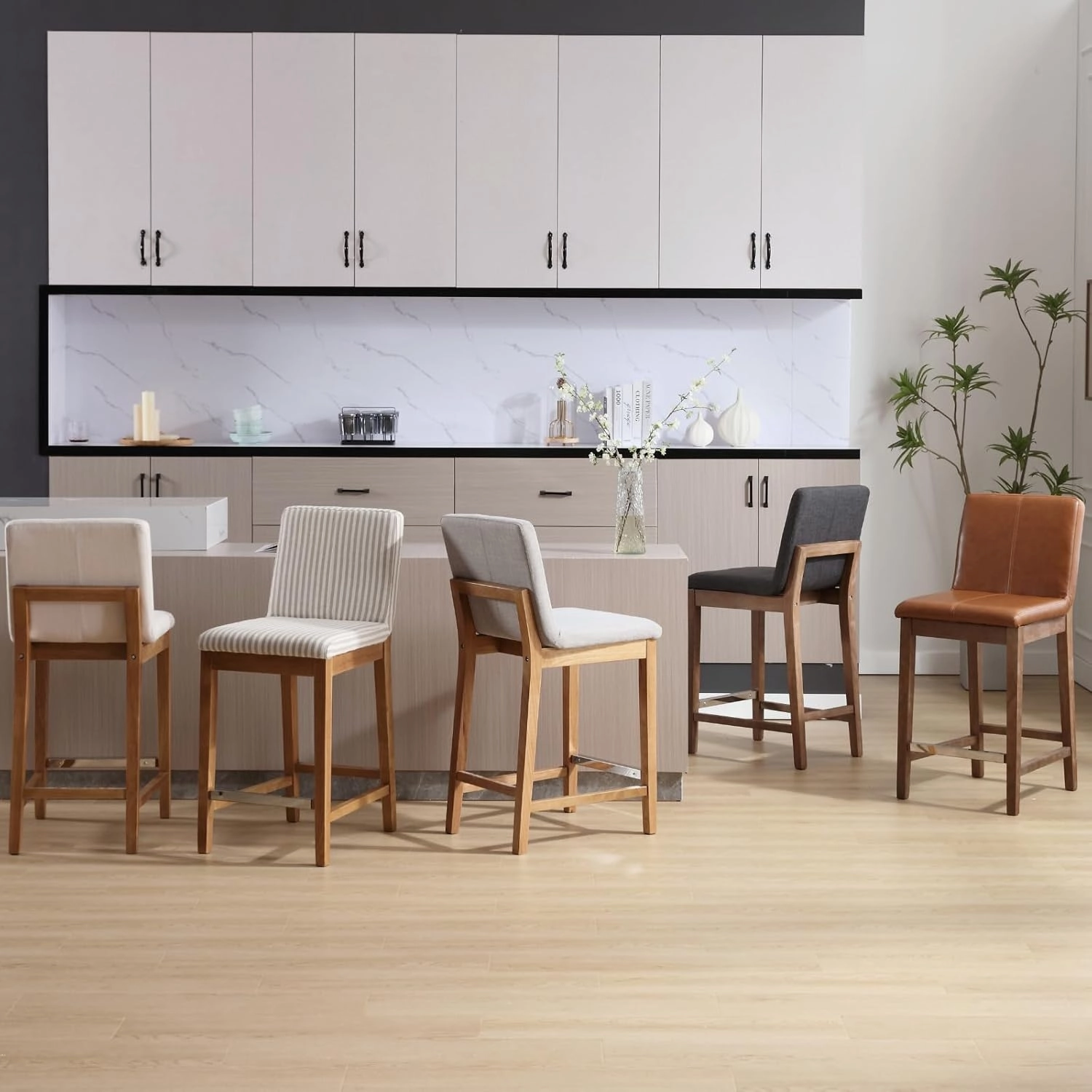 Wood Counter Height Bar Stools Set of 2 Linen Fabric Kitchen Island Stools with Back 26" Mid Century Rectangle Breakfast Bar Stools for Dining Room/Home Bar/Patio, Khaki Stripe