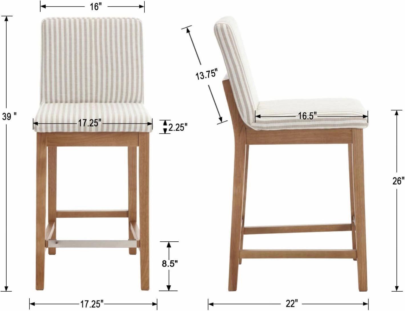 Wood Counter Height Bar Stools Set of 2 Linen Fabric Kitchen Island Stools with Back 26" Mid Century Rectangle Breakfast Bar Stools for Dining Room/Home Bar/Patio, Khaki Stripe