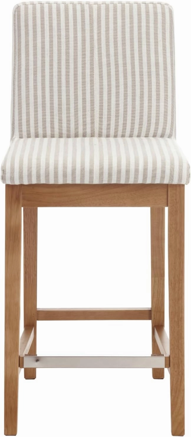 Wood Counter Height Bar Stools Set of 2 Linen Fabric Kitchen Island Stools with Back 26" Mid Century Rectangle Breakfast Bar Stools for Dining Room/Home Bar/Patio, Khaki Stripe