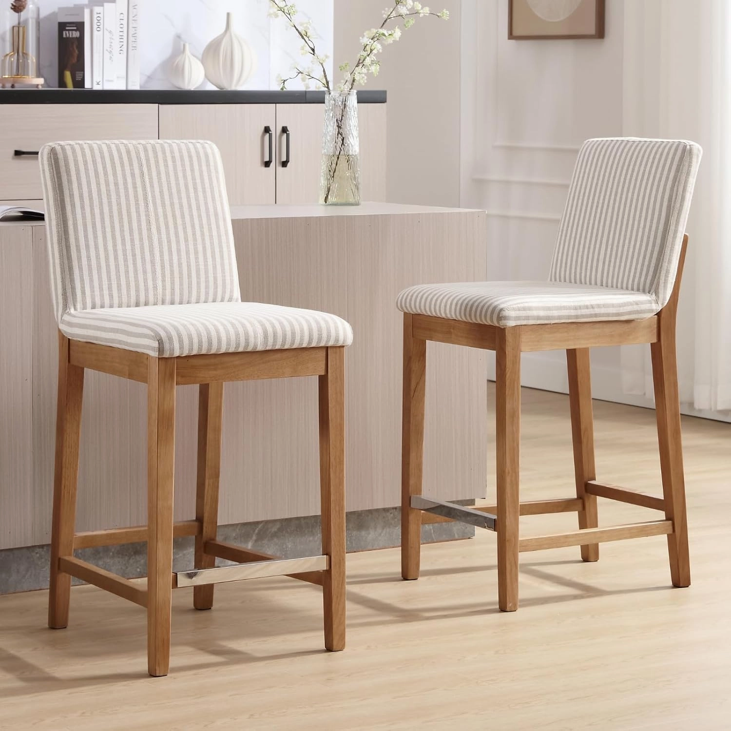 Wood Counter Height Bar Stools Set of 2 Linen Fabric Kitchen Island Stools with Back 26" Mid Century Rectangle Breakfast Bar Stools for Dining Room/Home Bar/Patio, Khaki Stripe