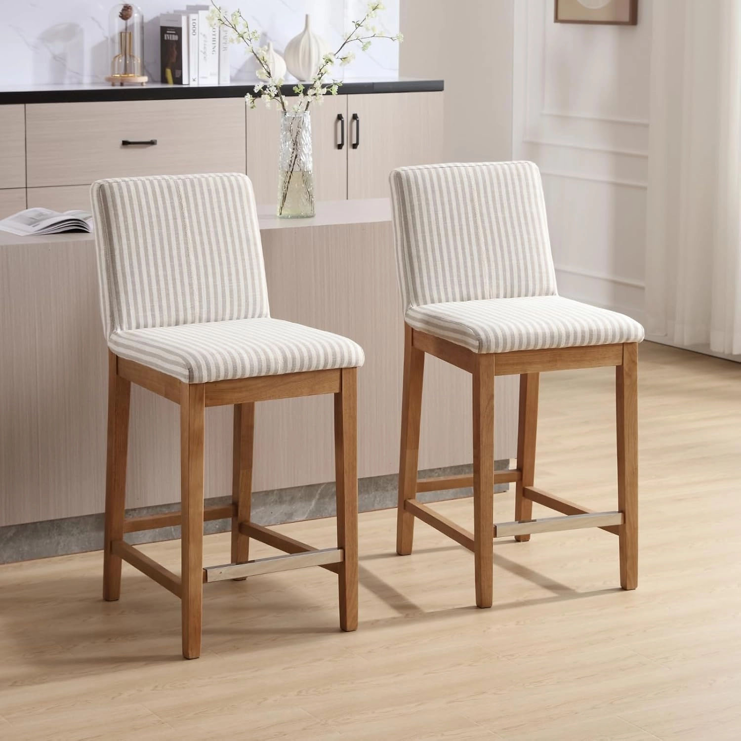 Wood Counter Height Bar Stools Set of 2 Linen Fabric Kitchen Island Stools with Back 26" Mid Century Rectangle Breakfast Bar Stools for Dining Room/Home Bar/Patio, Khaki Stripe