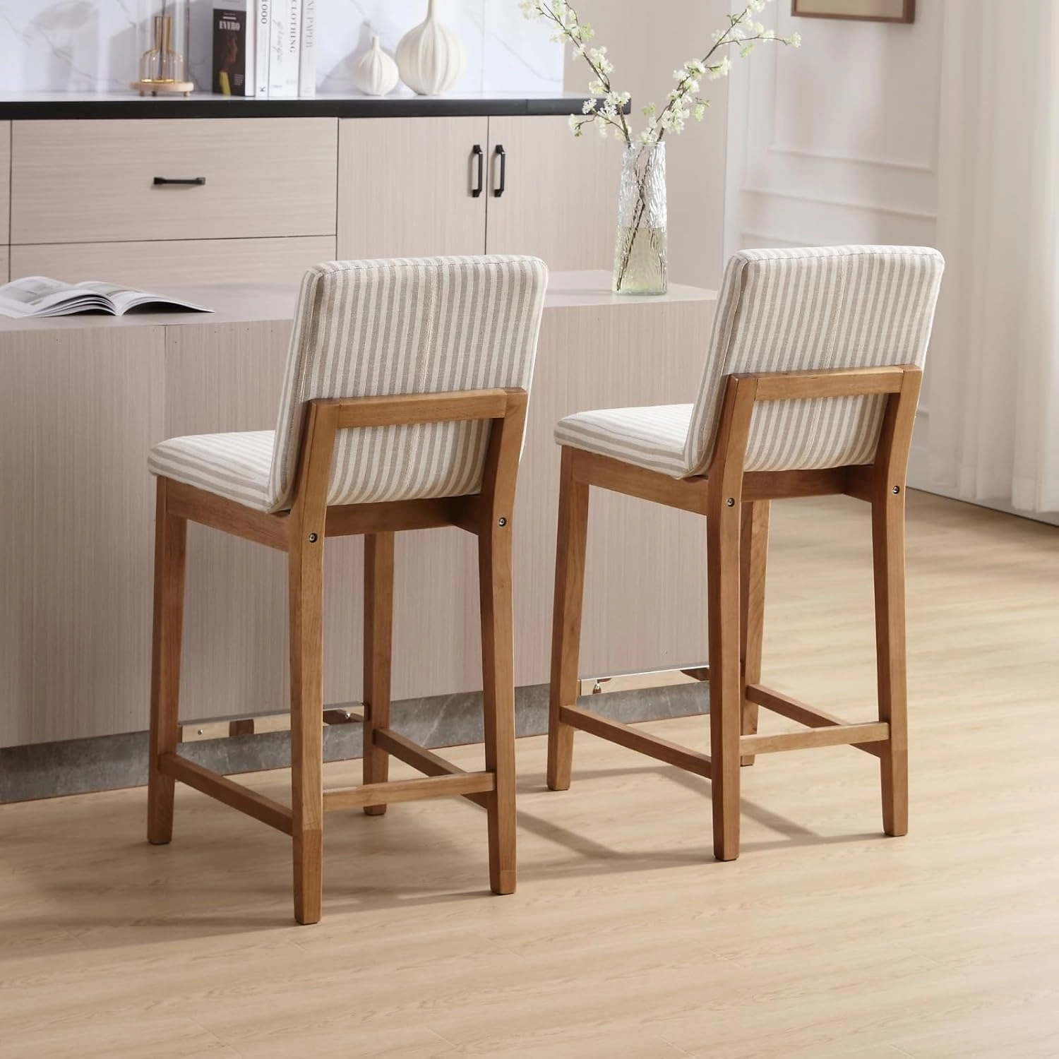 Wood Counter Height Bar Stools Set of 2 Linen Fabric Kitchen Island Stools with Back 26" Mid Century Rectangle Breakfast Bar Stools for Dining Room/Home Bar/Patio, Khaki Stripe