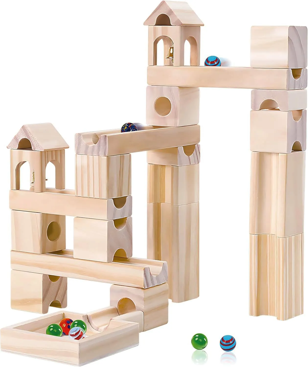 Wooden Marble Run for Kids Ages 4-8, 60 Pieces Wood Building Blocks Toys and Construction Play Set, Marble Track Maze Game STEM Learning Toys Gifts for Boys Girls