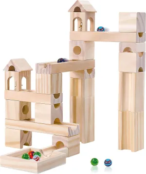 Wooden Marble Run for Kids Ages 4-8, 60 Pieces Wood Building Blocks Toys and Construction Play Set, Marble Track Maze Game STEM Learning Toys Gifts for Boys Girls