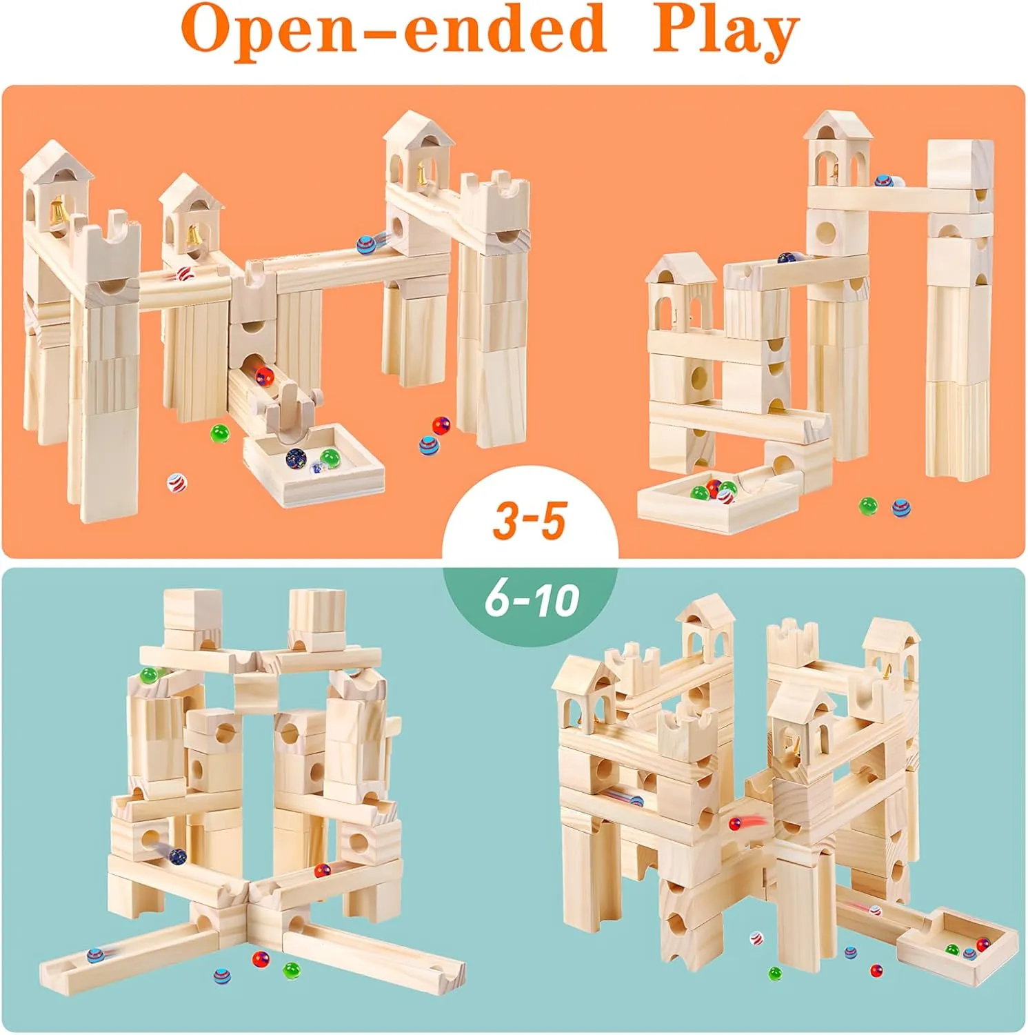 Wooden Marble Run for Kids Ages 4-8, 60 Pieces Wood Building Blocks Toys and Construction Play Set, Marble Track Maze Game STEM Learning Toys Gifts for Boys Girls