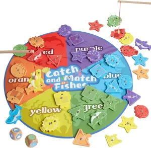 Wooden Montessori Fishing Game for Toddlers, Fine Motor Skill Toy for Kids, Color Sorting Shape Recognition Preschool Educational Magnetic Toys for Boys Girls Age 3 