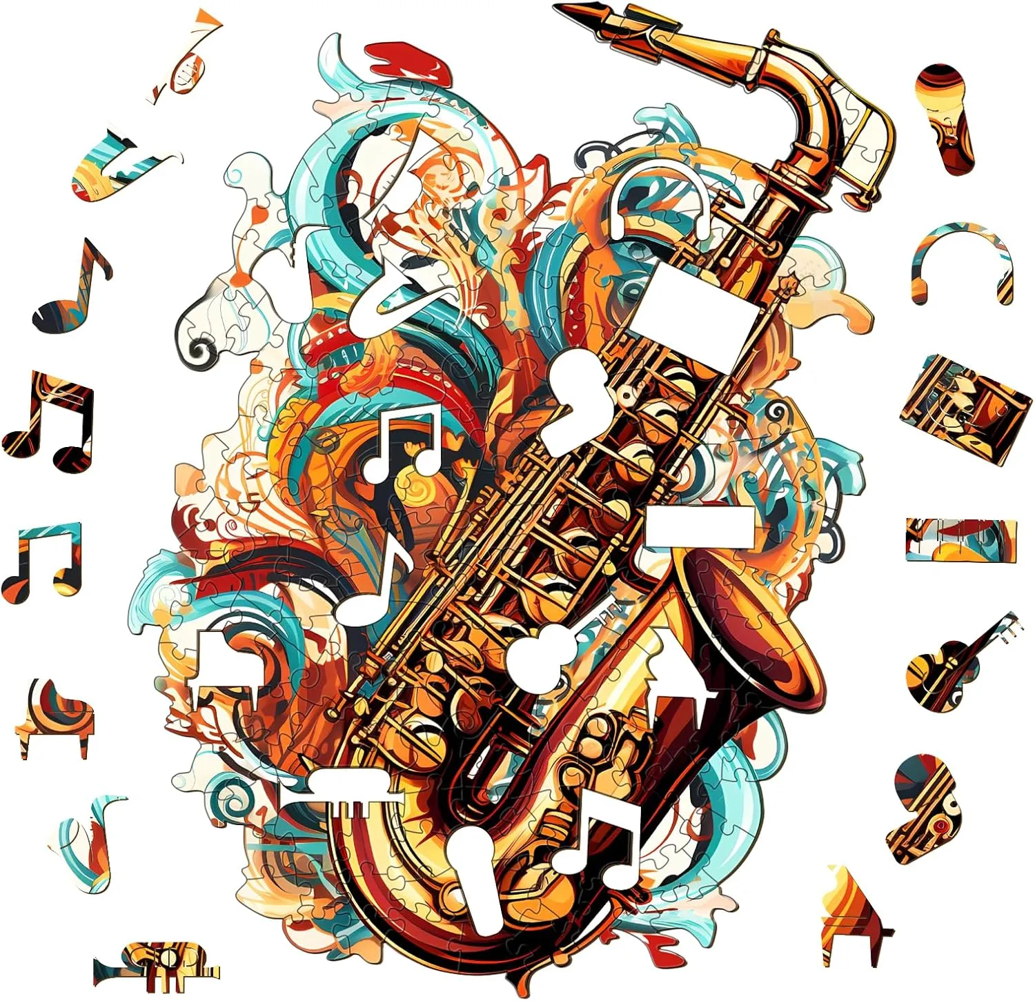 Wooden Puzzles for Adults, Saxophone (Large-270PCS) Wooden Jigsaw Puzzles Kids, 10.6*13.8in Unique Shaped Musical Note Wood Puzzles Adults, Music Instrument Wooden Puzzles Birthday Gift Games