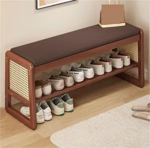 Wooden Shoe Bench Rattan Shoe Storage Cabinet with Leather Cushion Mid Century Modern Open Bench 2 Tier Shoe Rack for Entryway Living Room Room Solid Construction(Brown,100 cm)
