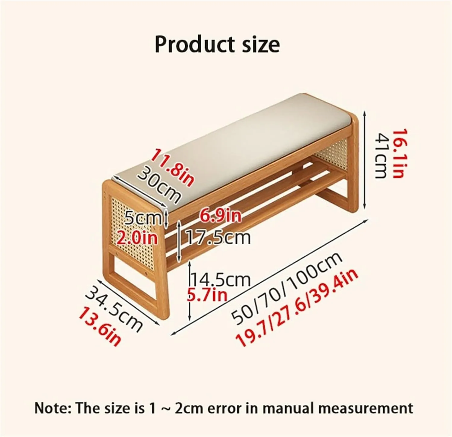 Wooden Shoe Bench Rattan Shoe Storage Cabinet with Leather Cushion Mid Century Modern Open Bench 2 Tier Shoe Rack for Entryway Living Room Room Solid Construction(Brown,100 cm)