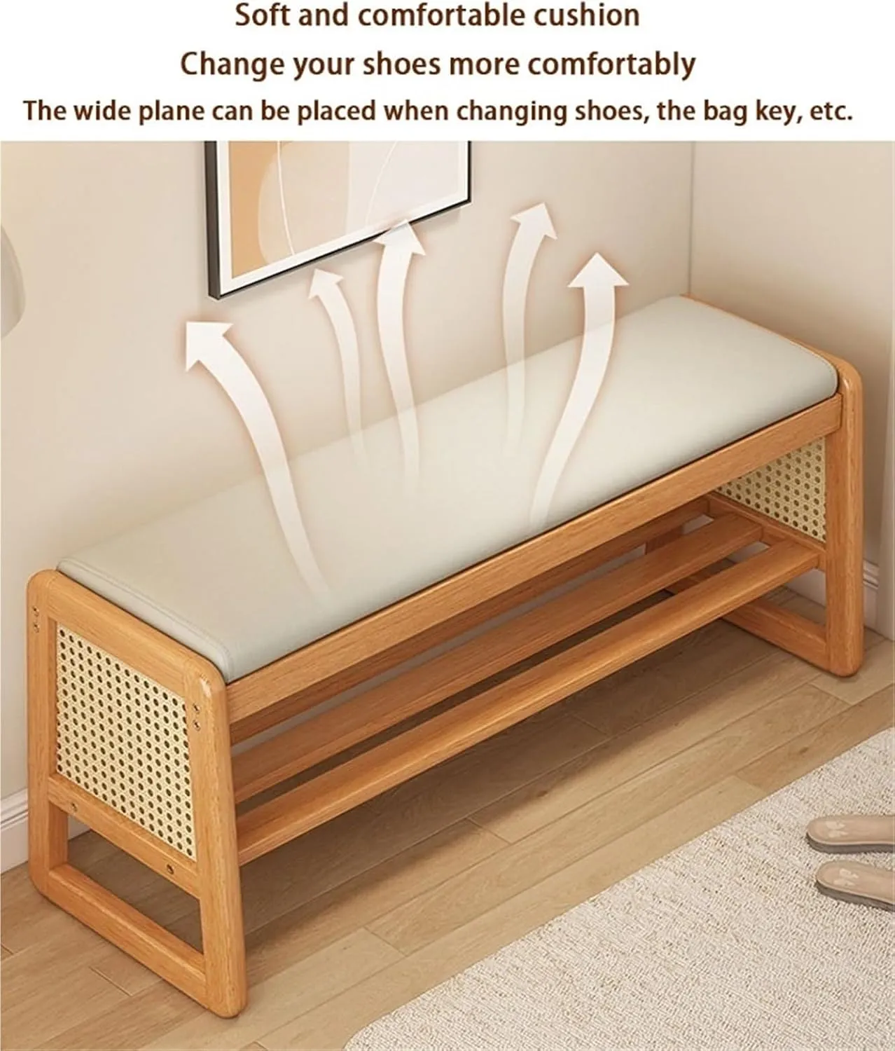 Wooden Shoe Bench Rattan Shoe Storage Cabinet with Leather Cushion Mid Century Modern Open Bench 2 Tier Shoe Rack for Entryway Living Room Room Solid Construction(Brown,100 cm)