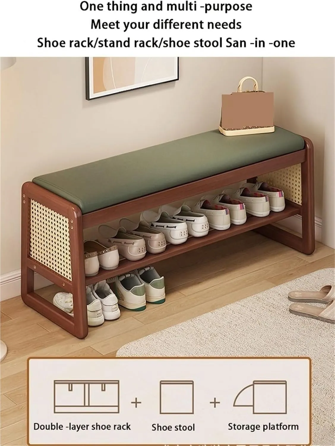 Wooden Shoe Bench Rattan Shoe Storage Cabinet with Leather Cushion Mid Century Modern Open Bench 2 Tier Shoe Rack for Entryway Living Room Room Solid Construction(Brown,100 cm)