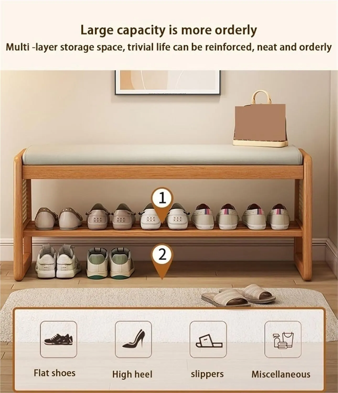 Wooden Shoe Bench Rattan Shoe Storage Cabinet with Leather Cushion Mid Century Modern Open Bench 2 Tier Shoe Rack for Entryway Living Room Room Solid Construction(Brown,100 cm)