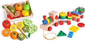 Wooden Toys for Kids, 11 PCS Fruits Playset   23 PCS Wooden Train Sets, Pretend Play Food for Kids, Sorting & Stacking Toys for Toddler 3, Montessori Toys for 3 Year Old Boy Girl Gifts