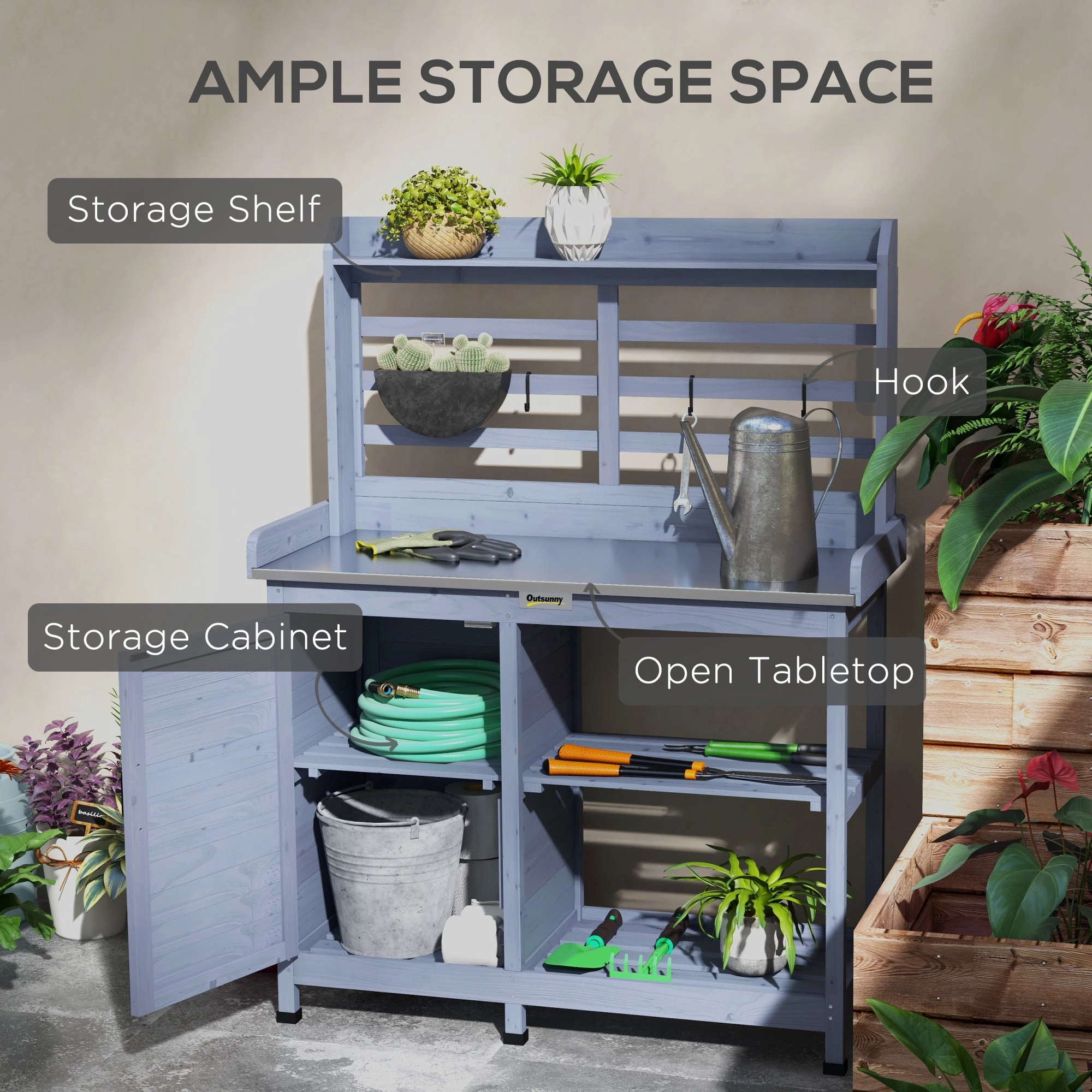 Wooden Potting Bench with Storage Cabinet & Shelves, for Backyard, Garden, Gray