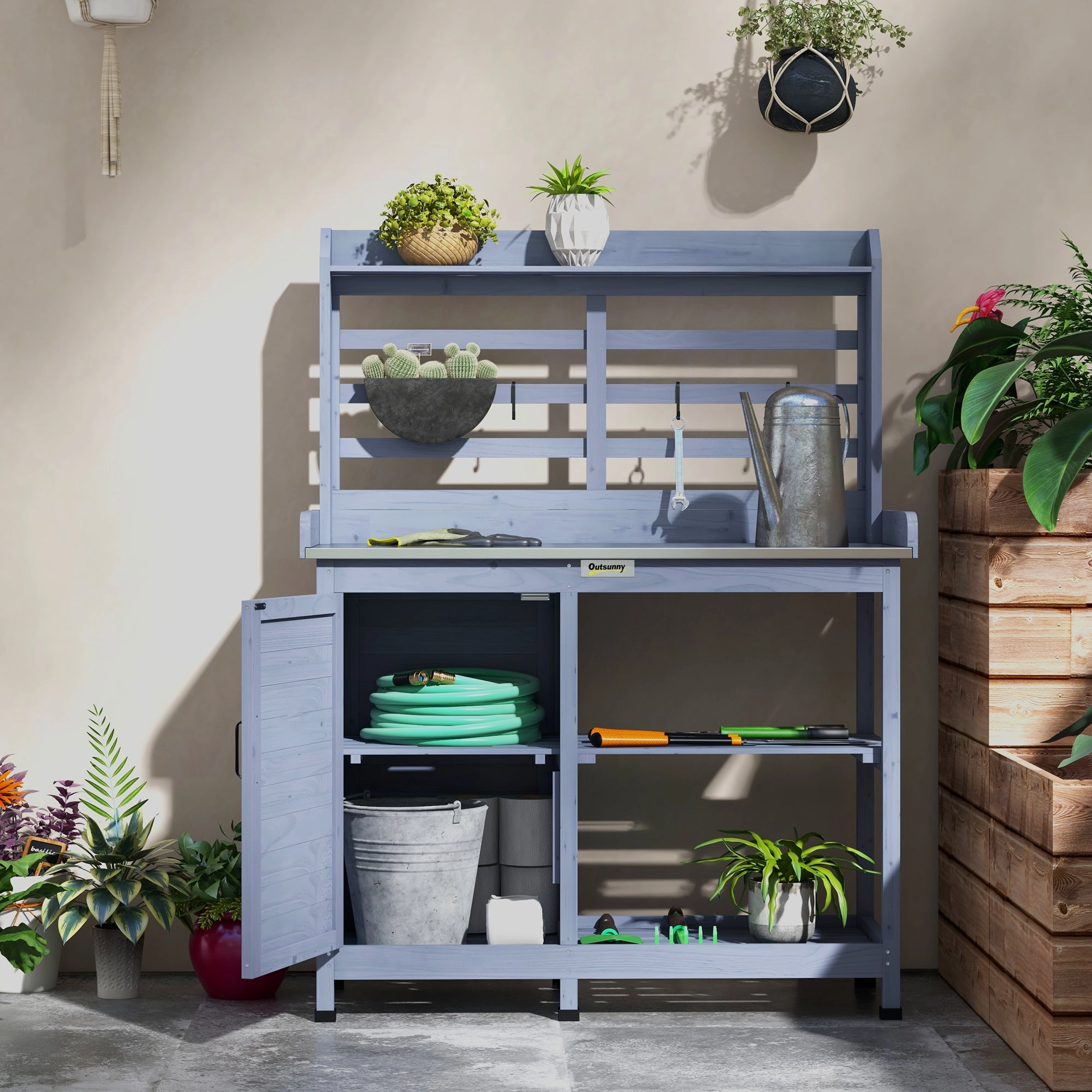 Wooden Potting Bench with Storage Cabinet & Shelves, for Backyard, Garden, Gray
