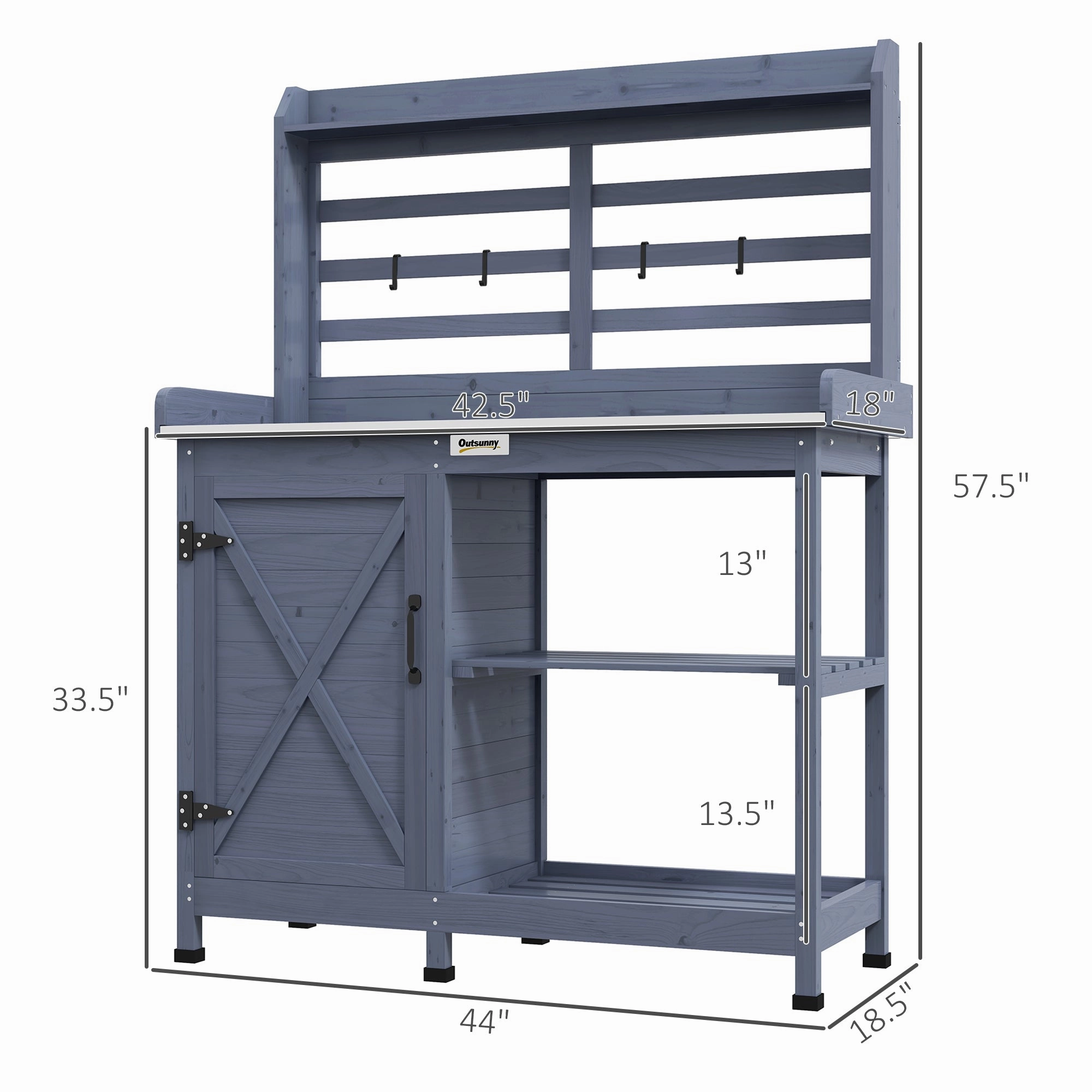 Wooden Potting Bench with Storage Cabinet & Shelves, for Backyard, Garden, Gray